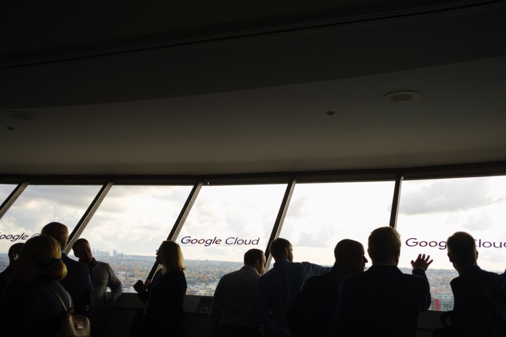 Google Cloud logos on the windows at the Vancouver Lookout